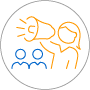 Inclusion is how we feel Exterior circle outline with an interior outline of 1 person using a megaphone and two other people listening