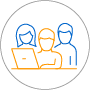 Workforce Exterior circle outline with an interior outline of 3 people at a table looking at a computer screen