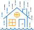 Orange and blue icon of a house with rain coming down