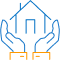 Orange and blue icon of a house being held up by two hands