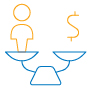 Blue and orange icon of a scale with a person and dollar sign