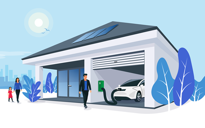 EV Vehicle Graphic a man and a woman standing outside a building with a car parked in front