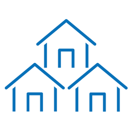 blue icon of three homes in a community