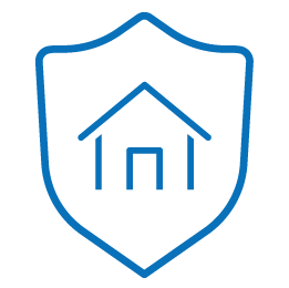 blue icon of shield with home on it